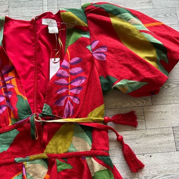 NWT Anthropologie House of Harlow 1960 Linen Red Floral Puff Sleeves Dress Sz 2 - Picture 5 of 12